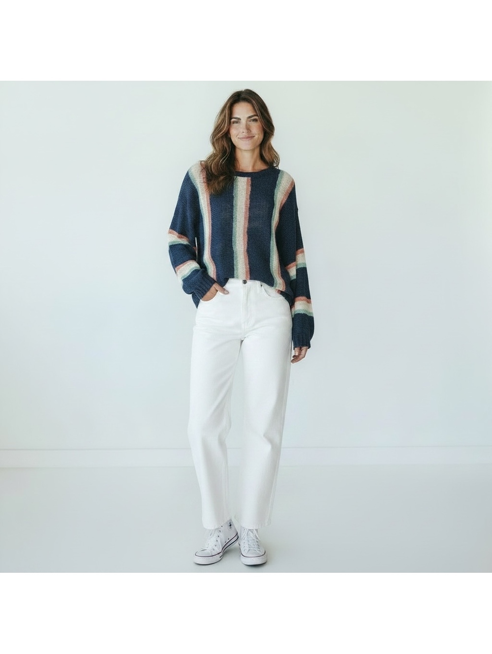 Rip Curl Women's Striped Knit Sweater in Blue, Pink, and Cream - Medium